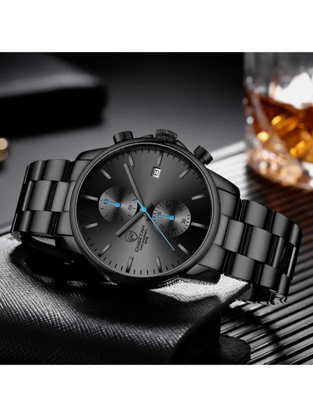 Men's Black Blue Classic Stainless Steel Waterproof Chronograph Quartz Watch